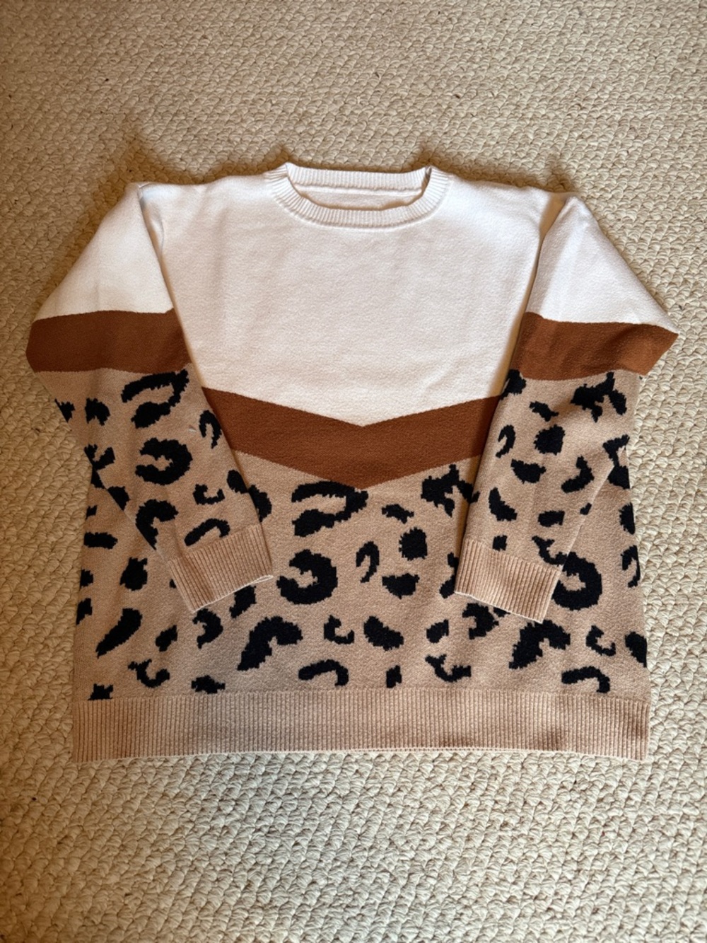 SHEIN Cream, Brown & Tan Leopard Chevron Crewneck Sweater